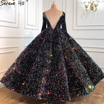 Serene Hill Indigo Blue Gold Luxury Wedding Dresses 2025 Sequined Long Sleeves Bride Dress Plus Size Women HA2466 Custom Made - SERENE HILL