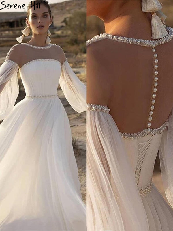 Serene Hill Ivory A-Line Sexy Evening Dresses Gowns 2025 Beaded Pearl Lantern Sleeve For Women Party LA71190