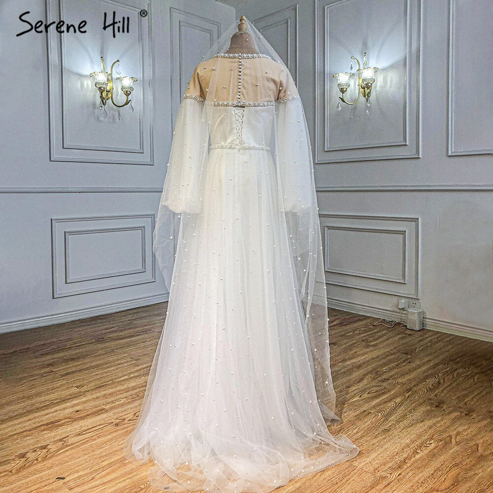 Serene Hill Ivory A-Line Sexy Evening Dresses Gowns 2025 Beaded Pearl Lantern Sleeve For Women Party LA71190 - SERENE HILL