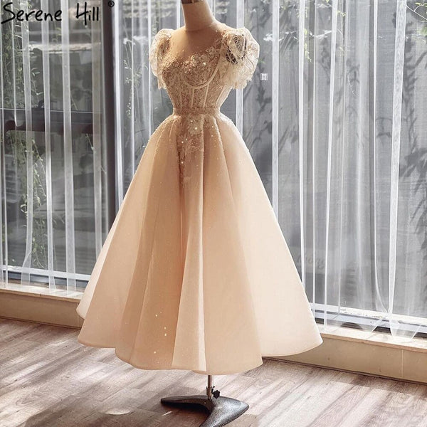 Serene Hill Ivory Beading A-Line Evening Dresses Gowns 2025 Puffy Sleeves Ankle-Length For Women Party LA71045
