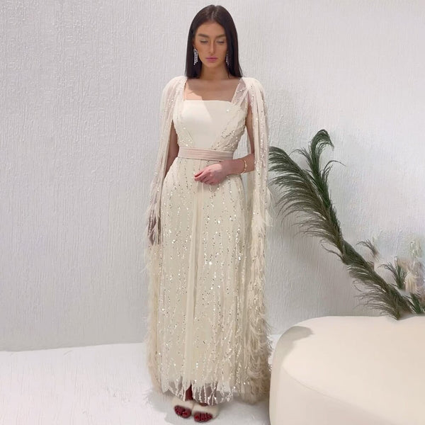 Serene Hill Ivory Mermaid Elegant Feathers Cape Sleeves Square Collar Beaded Luxury Evening Dresses Gowns 2025 Women LA71748