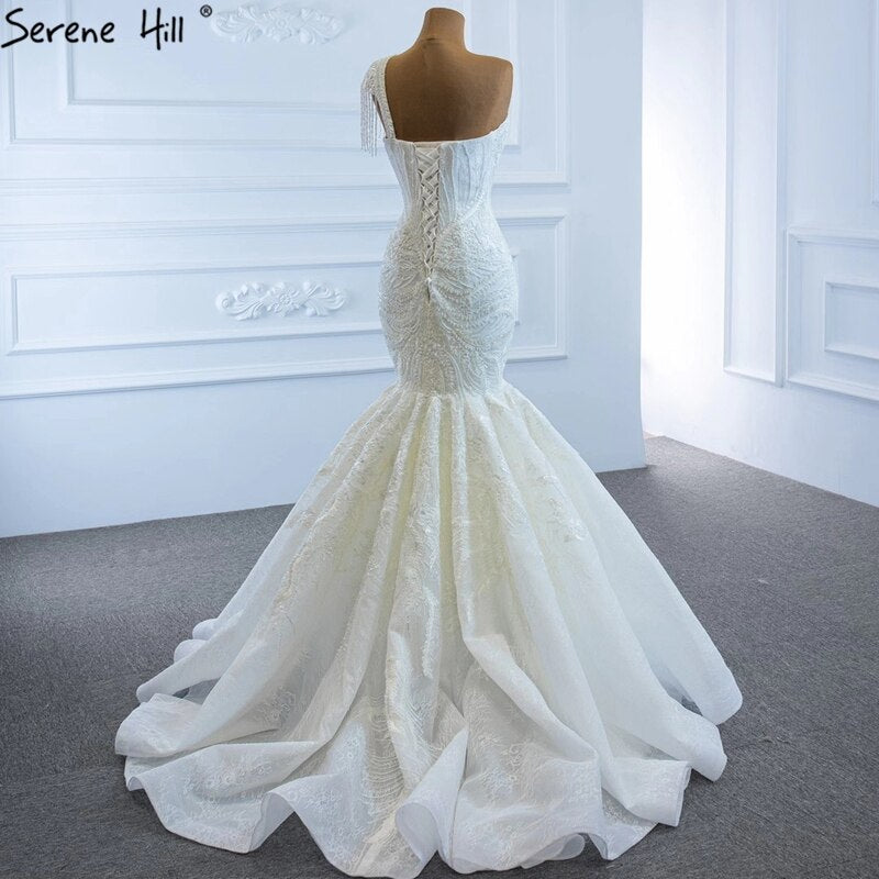 Serene Hill Ivory Mermaid Vintage Wedding Dresses 2025 One Shoulder Beading Lace Sexy High-end Bridal Gown HM67187 - SERENE HILL