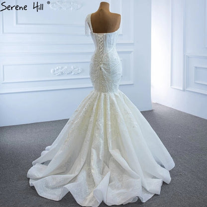 Serene Hill Ivory Mermaid Vintage Wedding Dresses 2025 One Shoulder Beading Lace Sexy High-end Bridal Gown HM67187 - SERENE HILL