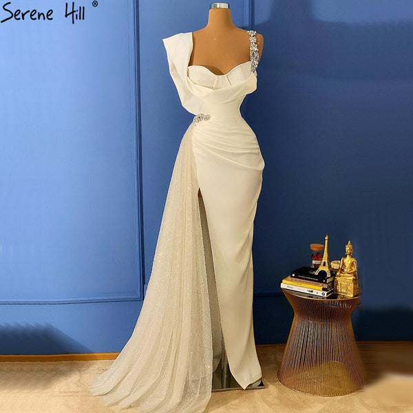 Serene Hill Ivory Satin Split Evening Dresses Gowns 2025 One Shoulder Beading Sexy For Women Party LA70886