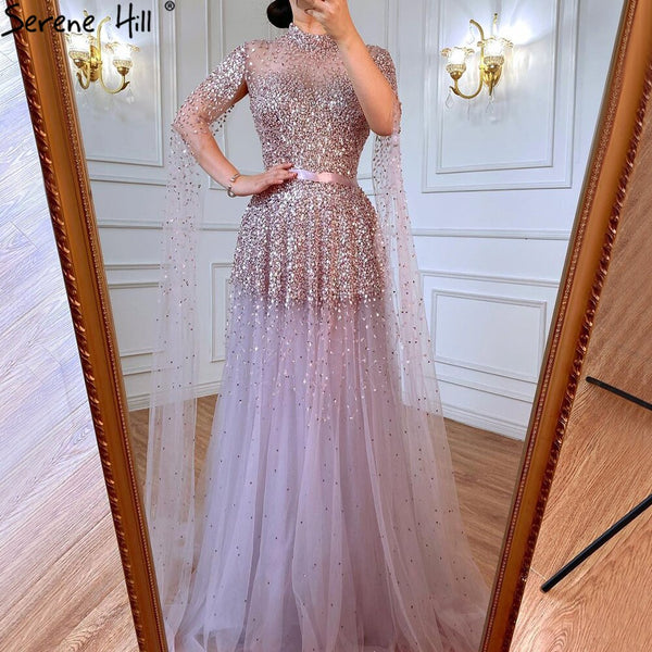 Serene Hill Lavender Luxury A-Line Evening Dresses Gowns 2025 Cape Sleeves Beaded For Women Party LA70066C