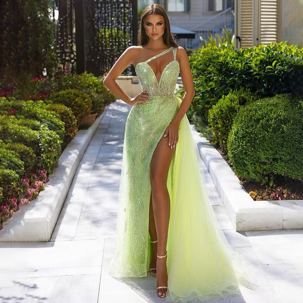Serene Hill Lemen One Shoulder Spaghetti Strap Mermaid Sexy High Split Beaded Evening Dresses Gowns 2025 For Women Party LA71982