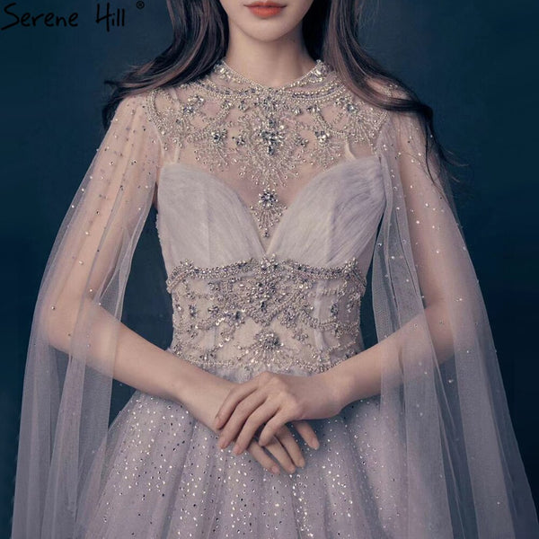 Serene Hill Light Grey Luxury A-Line Evening Dresses Gowns 2025 Diamond Beaded Cape Sleeves For Women Party LA70892
