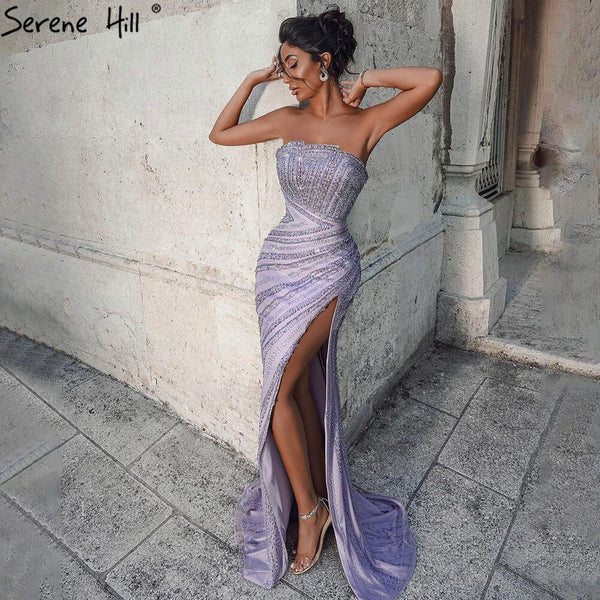 Serene Hill Lilac High Split Meramid Evening Dresses Gowns 2025 Beaded Elegant Luxury For Women Party LA71272