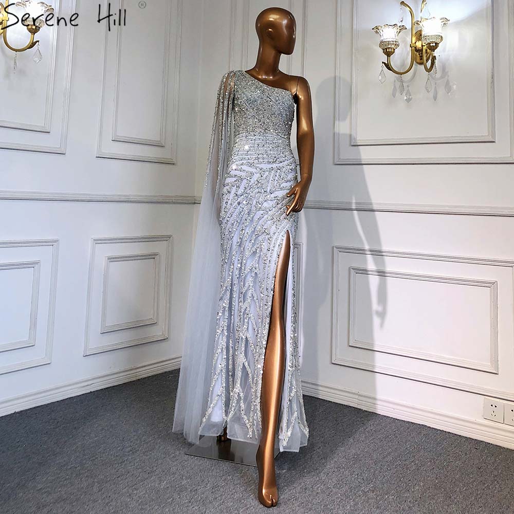 Serene Hill Lilac High Split Mermaid Elegant Sexy One Shoulder Evening Dresses Gowns Luxury Beaded 2025 For Women Party LA71493 - SERENE HILL