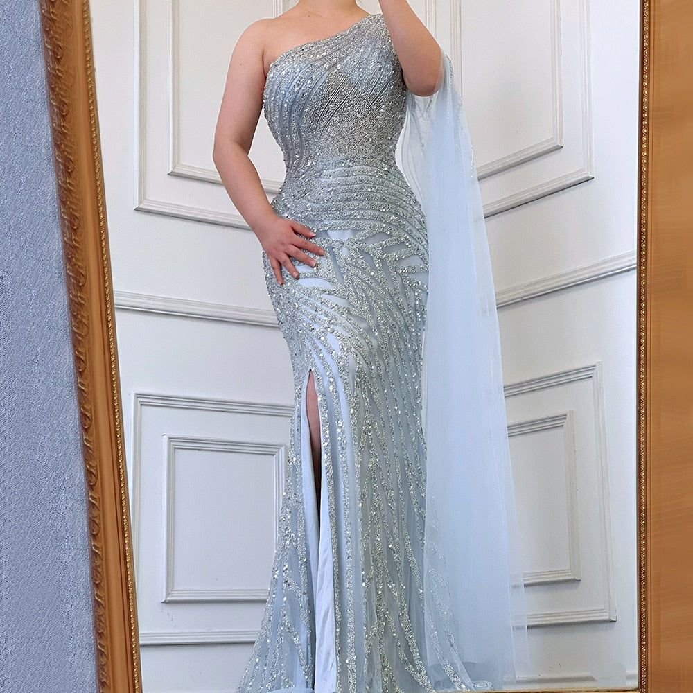 Serene Hill Lilac High Split Mermaid Elegant Sexy One Shoulder Evening Dresses Gowns Luxury Beaded 2025 For Women Party LA71493 - SERENE HILL