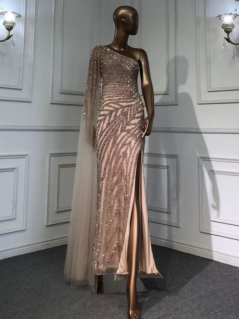Serene Hill Lilac High Split Mermaid Elegant Sexy One Shoulder Evening Dresses Gowns Luxury Beaded 2025 For Women Party LA71493 - SERENE HILL