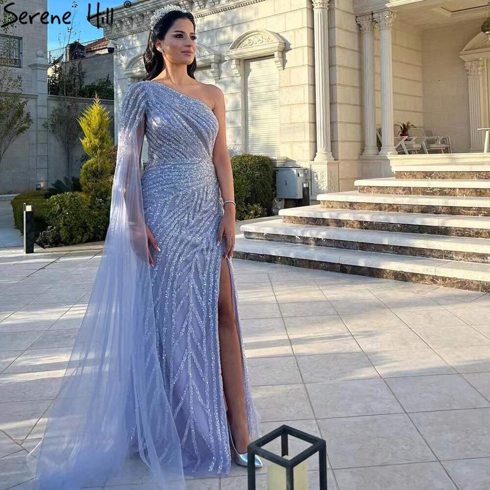 Serene Hill Lilac High Split Mermaid Elegant Sexy One Shoulder Evening Dresses Gowns Luxury Beaded 2025 For Women Party LA71493 - SERENE HILL