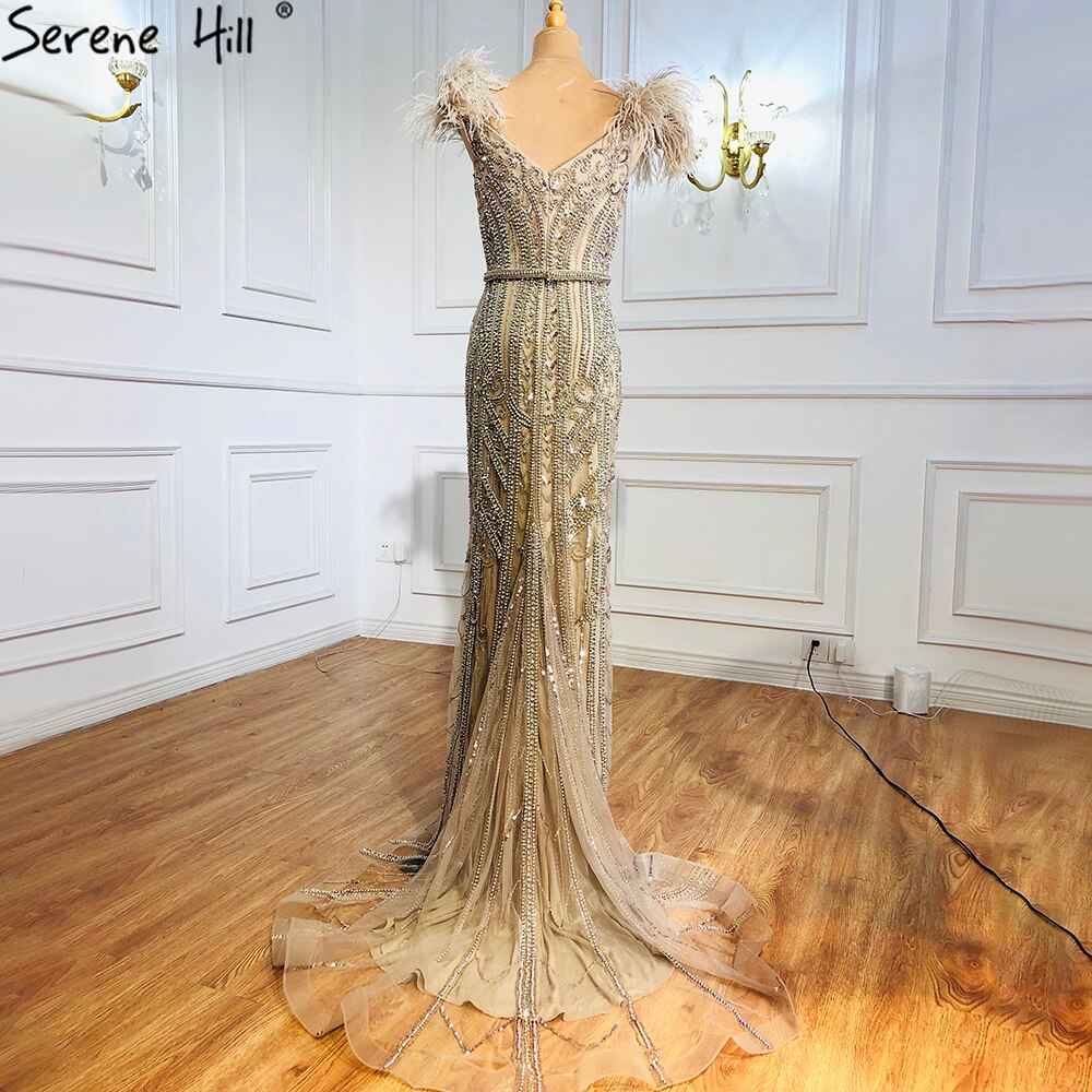 Lilac Luxury Beaded Mermaid Evening Dress Gown with Feathers LA70830 - SERENE HILL
