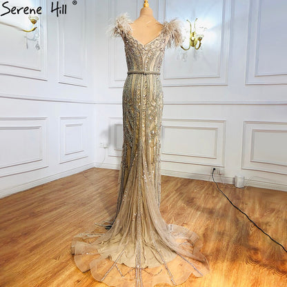 Lilac Luxury Beaded Mermaid Evening Dress Gown with Feathers LA70830 - SERENE HILL