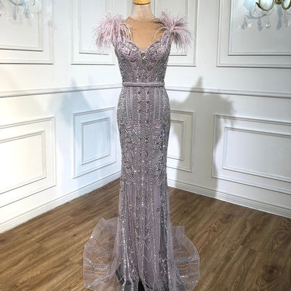 Lilac Luxury Beaded Mermaid Evening Dress Gown with Feathers LA70830 - SERENE HILL