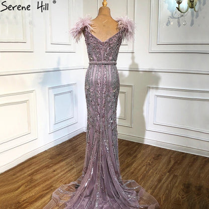 Lilac Luxury Beaded Mermaid Evening Dress Gown with Feathers LA70830 - SERENE HILL