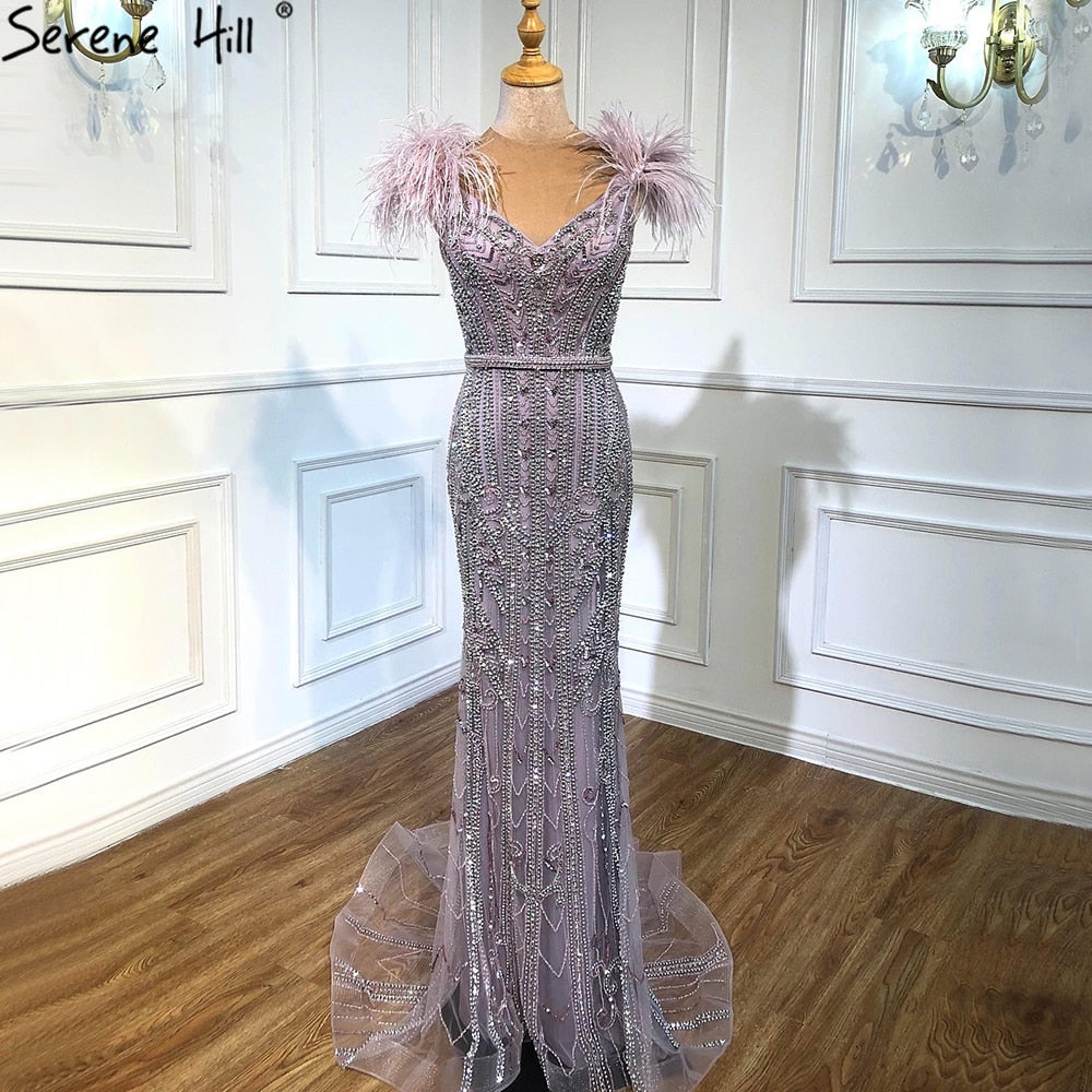 Lilac Luxury Beaded Mermaid Evening Dress Gown with Feathers LA70830 - SERENE HILL
