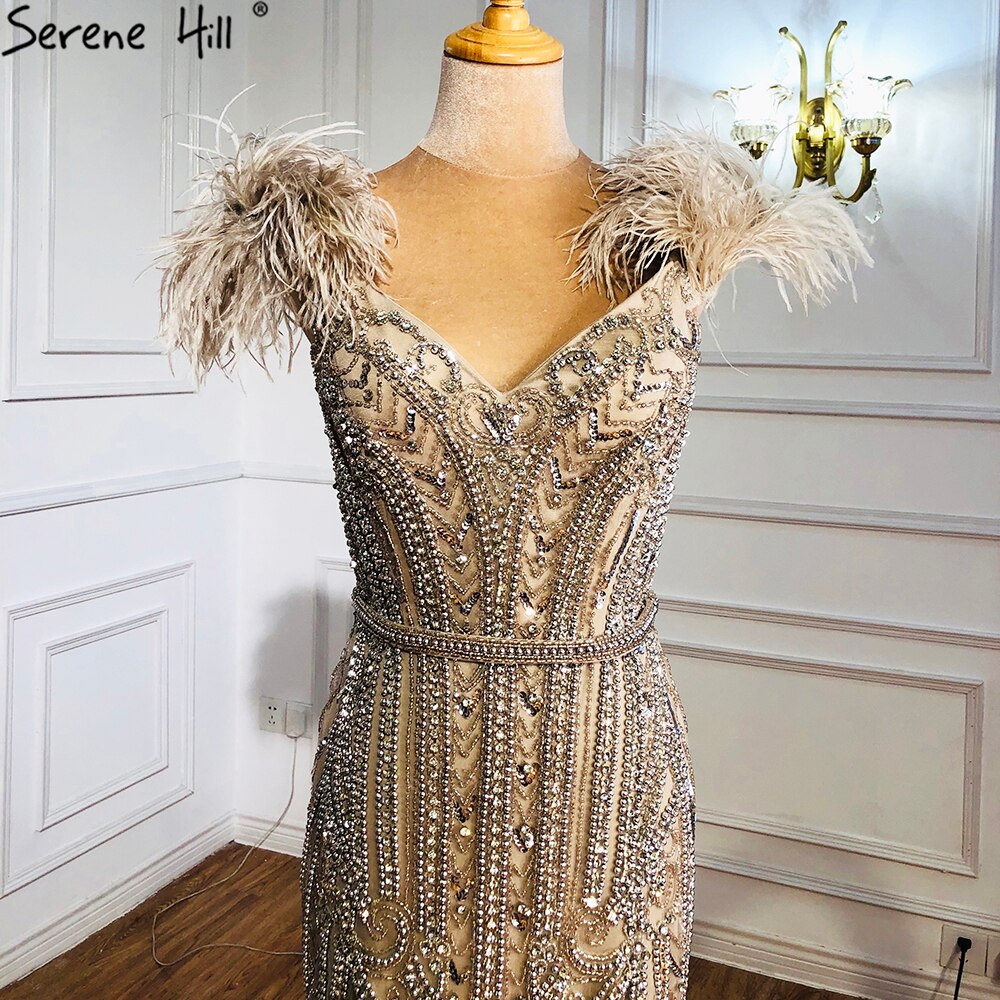 Lilac Luxury Beaded Mermaid Evening Dress Gown with Feathers LA70830 - SERENE HILL