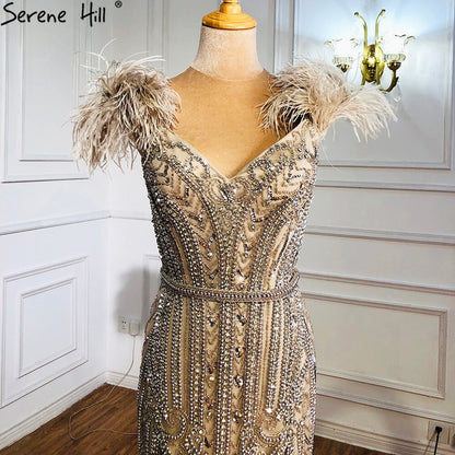 Lilac Luxury Beaded Mermaid Evening Dress Gown with Feathers LA70830 - SERENE HILL
