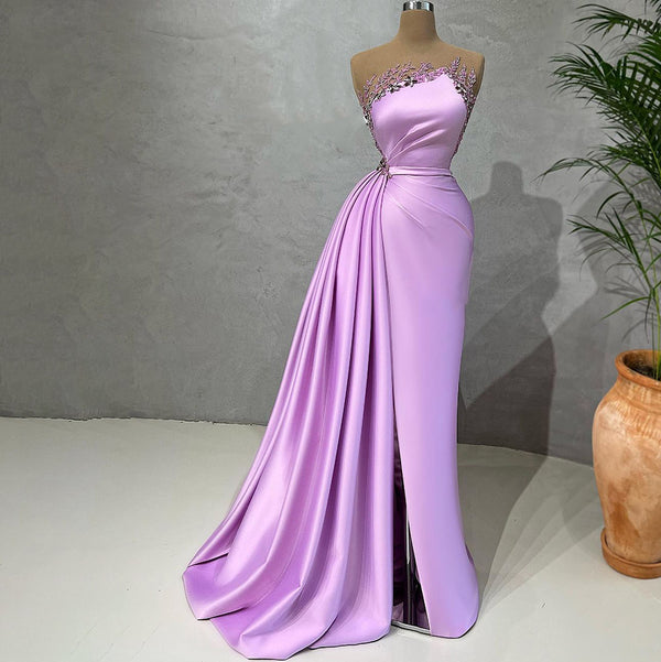 Serene Hill Lilac Mermaid Elegant Satin Evening Dresses Gowns 2025 Beaded For Women Party LA71674