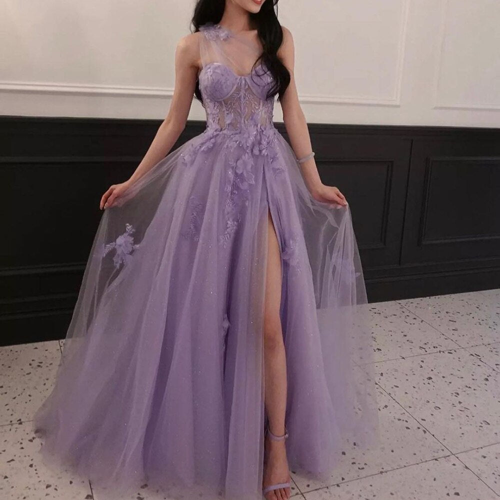 Serene Hill Lilac One Shoulder Split Long 2025 Flower Graduation School Party Gown Celebrity Prom Dresses LA71881 - SERENE HILL