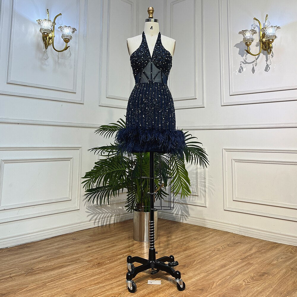 Feathers Nude Short Mini Cocktail Prom Dresses LA72037 Navy blue / 16
