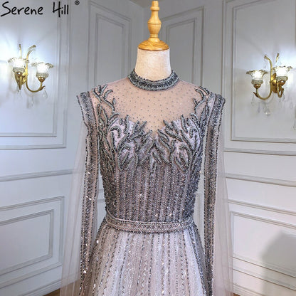 Serene Hill Luxury A-Line Silver Evening Dresses Gowns 2025 Beaded Cape Sleeve For Woman Party LA71443 - SERENE HILL