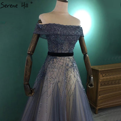 Serene Hill Luxury Blue A-Line Evening Dresses Gowns 2025 Beaded Bling Off Shoulder For Women Party LA71192 - SERENE HILL