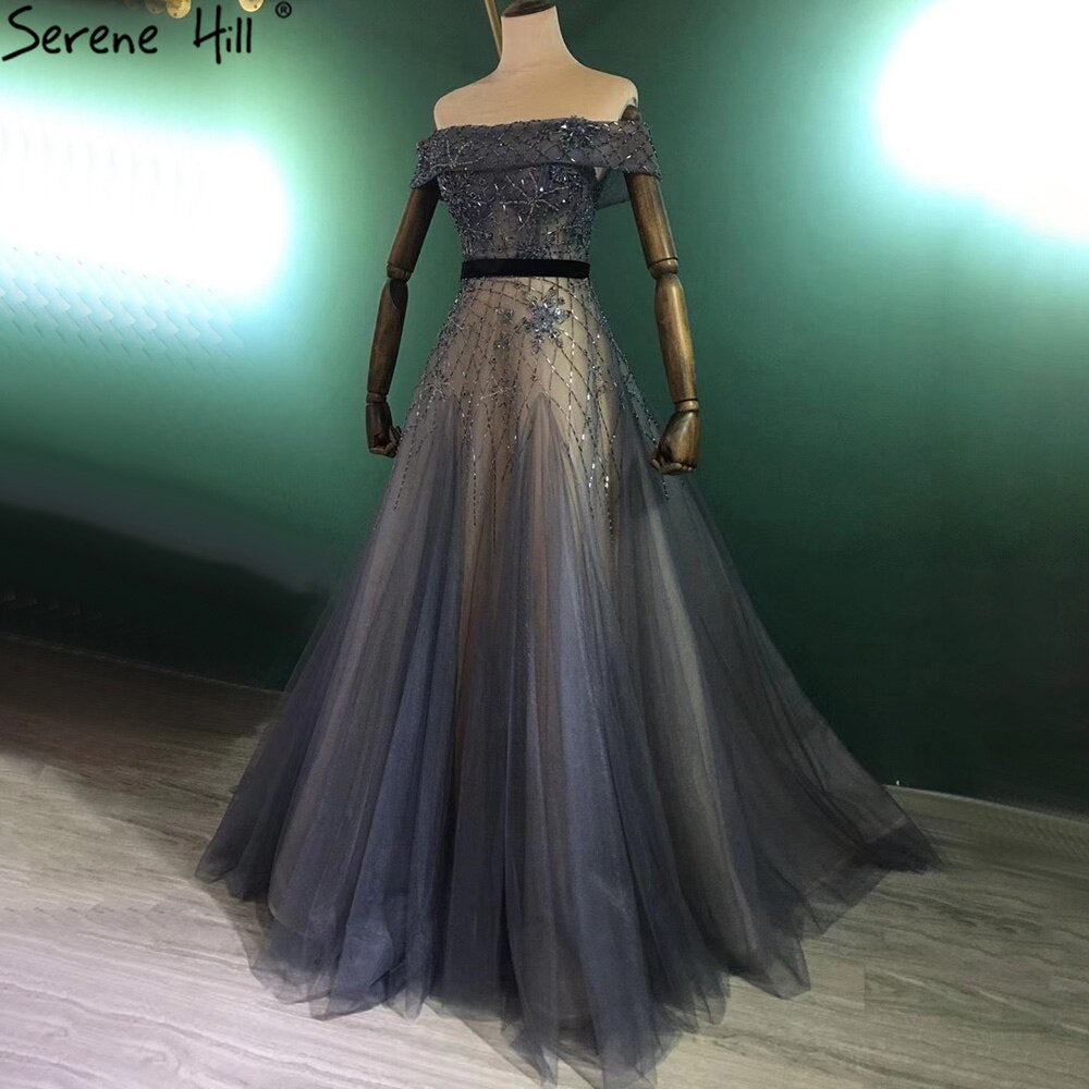 Serene Hill Luxury Blue A-Line Evening Dresses Gowns 2025 Beaded Bling Off Shoulder For Women Party LA71192 - SERENE HILL