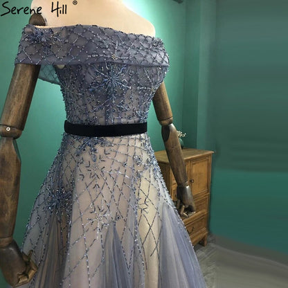 Serene Hill Luxury Blue A-Line Evening Dresses Gowns 2025 Beaded Bling Off Shoulder For Women Party LA71192 - SERENE HILL