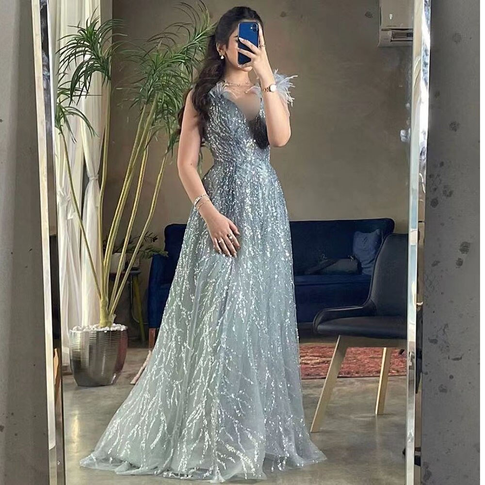 Serene Hill Luxury Dubai Feathers Evening Dresses 2025 Sexy V-Neck Beaded Blue Long Formal Party Gowns For Women Wedding LA71805 - SERENE HILL