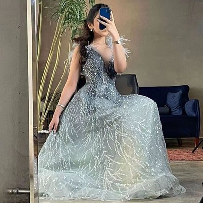 Serene Hill Luxury Dubai Feathers Evening Dresses 2025 Sexy V-Neck Beaded Blue Long Formal Party Gowns For Women Wedding LA71805 - SERENE HILL