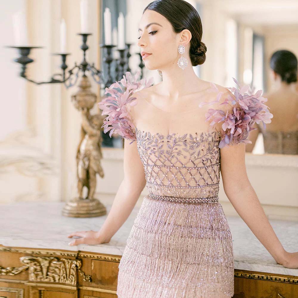 Luxury Feathers Tassel Lilac Dubai Evening Dresses LA72004 - SERENE HILL
