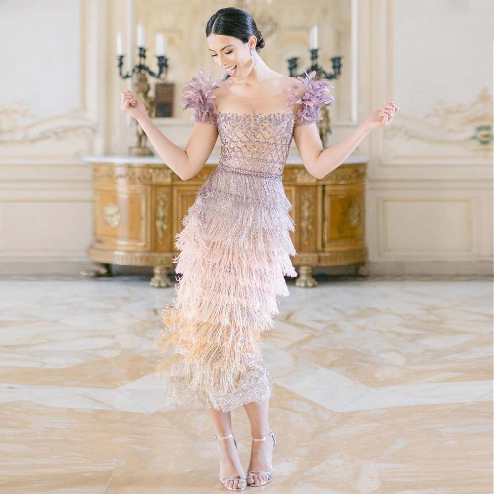 Luxury Feathers Tassel Lilac Dubai Evening Dresses LA72004 - SERENE HILL