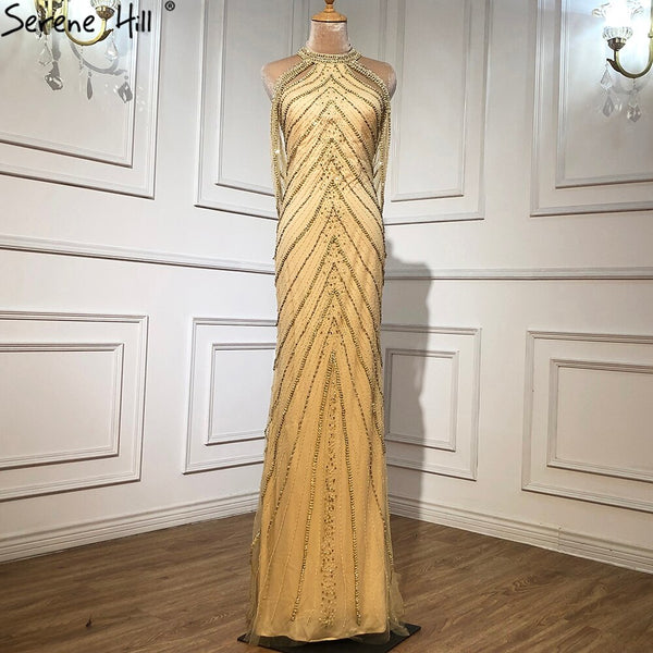 Sale Serene Hill Luxury Gold Mermaid Evening Dresses Gowns 2025 Beading Elegant Sexy For Women Party LA70998