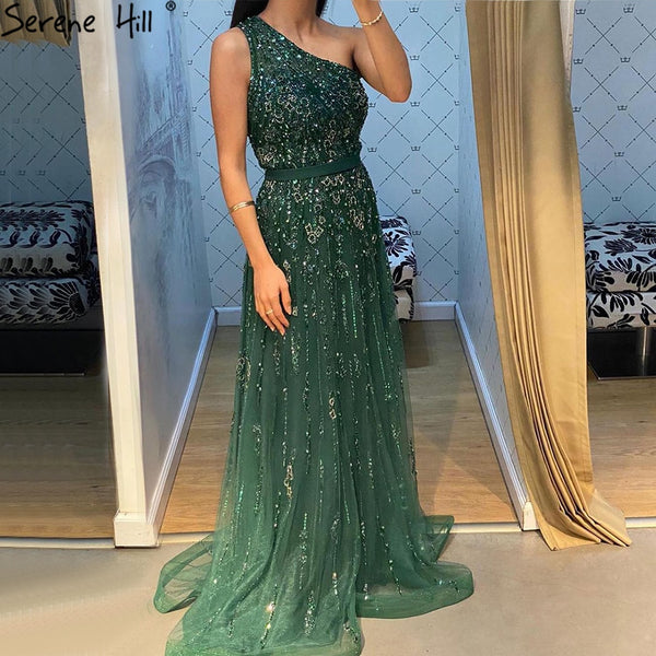 Serene Hill  Luxury Green A-Line Evening Dresses Gowns 2025 Sexy One-Shoulder Beading For Women Party LA70921