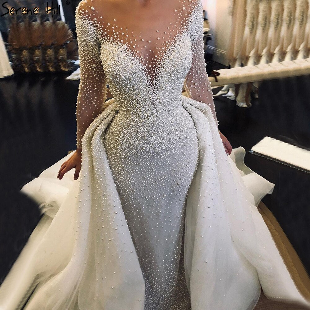 Serene Hill Luxury Ivory Detachable Train Mermaid Wedding Dresses Gowns 2025 Pearls Beading Bride Dress HM67182 Custom Made - SERENE HILL