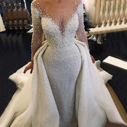 Serene Hill Luxury Ivory Detachable Train Mermaid Wedding Dresses Gowns 2025 Pearls Beading Bride Dress HM67182 Custom Made - SERENE HILL