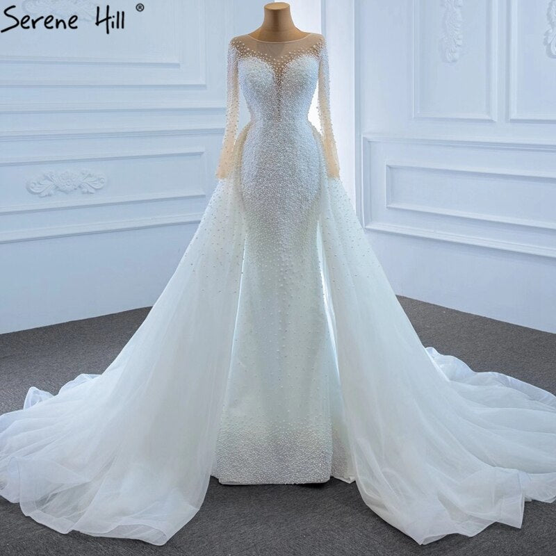 Serene Hill Luxury Ivory Detachable Train Mermaid Wedding Dresses Gowns 2025 Pearls Beading Bride Dress HM67182 Custom Made - SERENE HILL