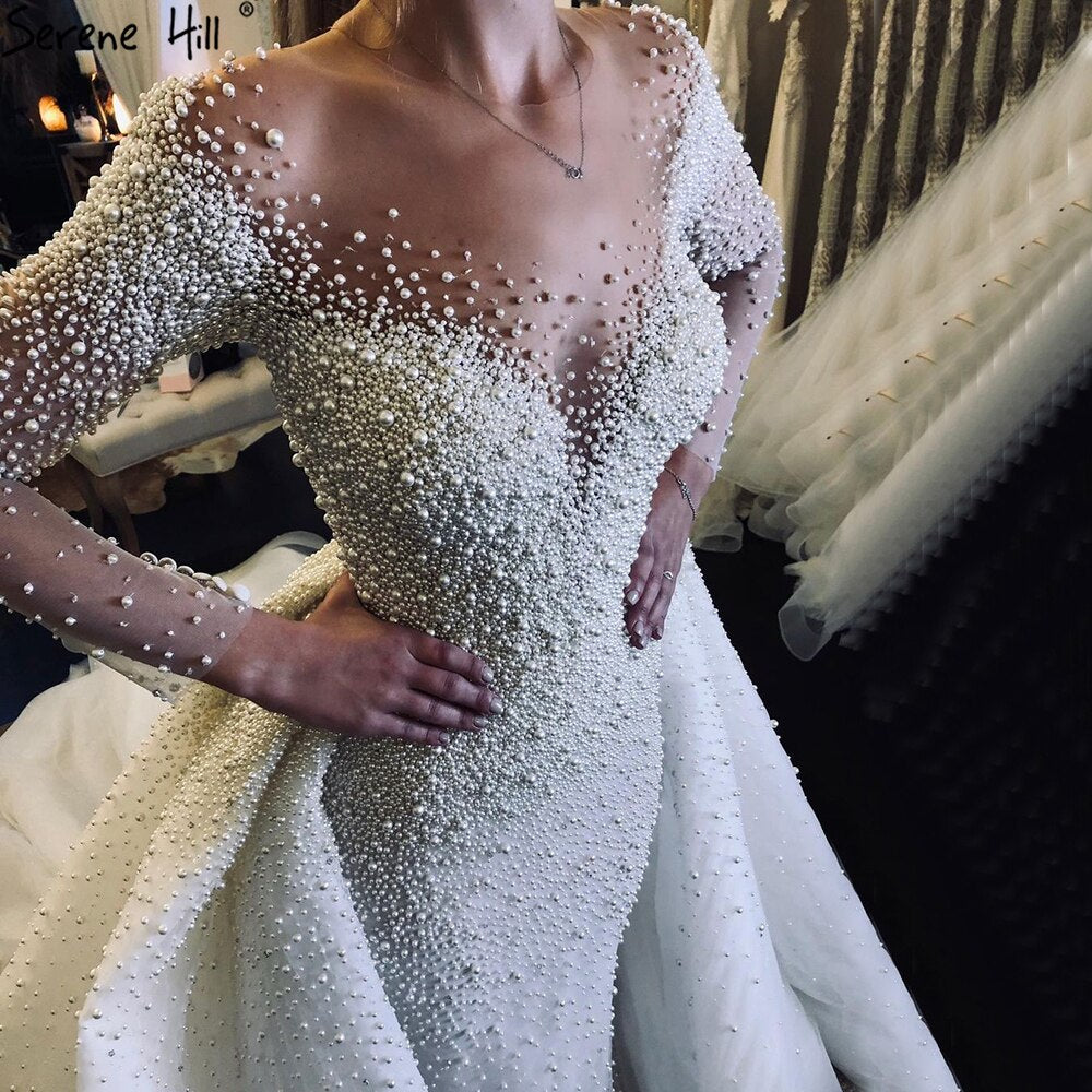 Serene Hill Luxury Ivory Detachable Train Mermaid Wedding Dresses Gowns 2025 Pearls Beading Bride Dress HM67182 Custom Made - SERENE HILL