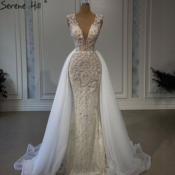 Serene Hill Luxury Ivory Mermaid Evening Dresses Gowns 2025 Beading Elegant With Train Formal Dress LA71109