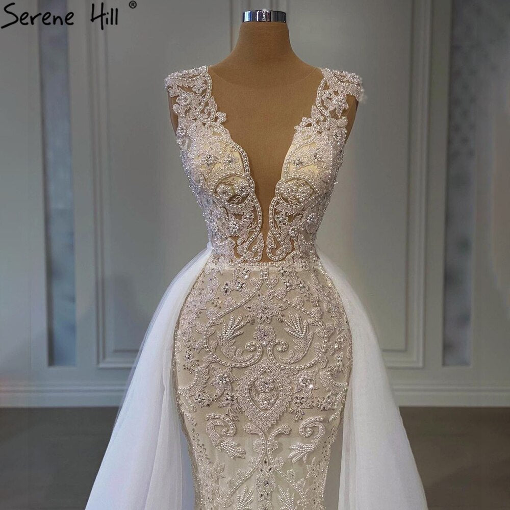 Serene Hill Luxury Ivory Mermaid Evening Dresses Gowns 2025 Beading Elegant With Train Formal Dress LA71109 - SERENE HILL