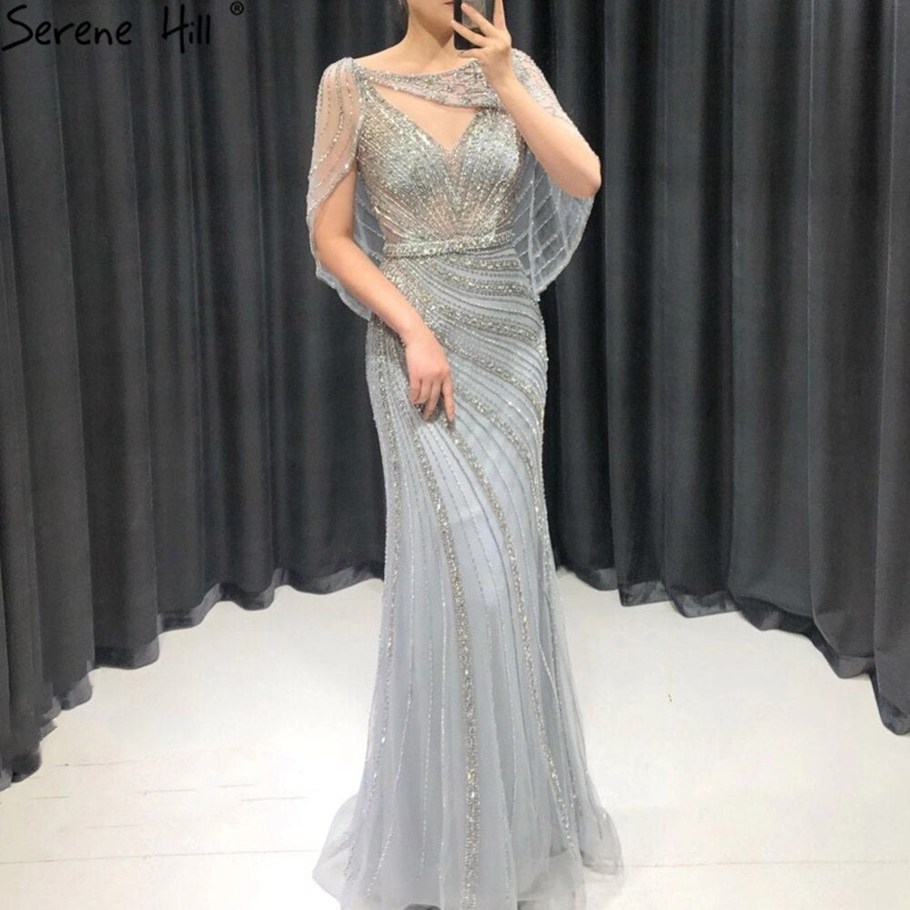 Luxury Champagne Dubai Mermaid Evening Dress with Cape LA70910 - SERENE HILL