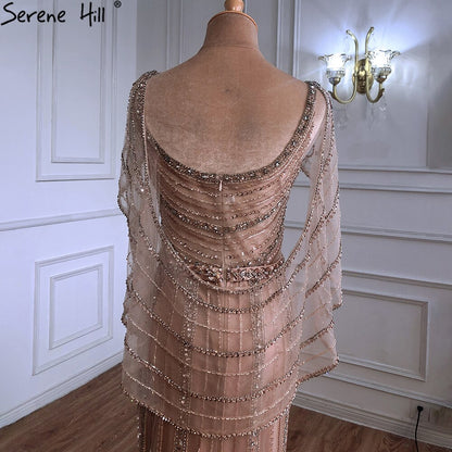 Luxury Champagne Dubai Mermaid Evening Dress with Cape LA70910 - SERENE HILL