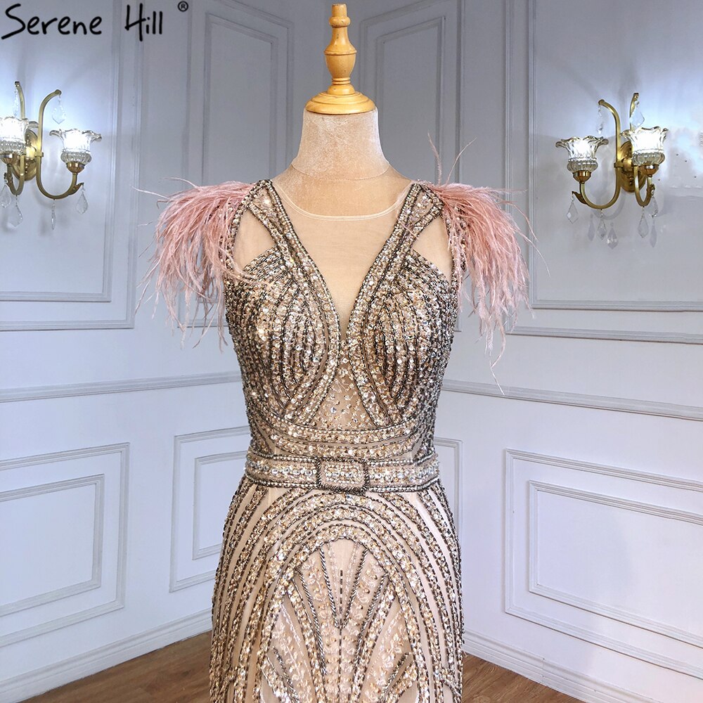 Serene Hill Luxury Mermaid Nude Evening Dresses Gowns 2025 Feather Beaded Elegant For Women Party LA71340 - SERENE HILL