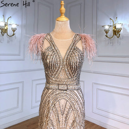 Serene Hill Luxury Mermaid Nude Evening Dresses Gowns 2025 Feather Beaded Elegant For Women Party LA71340 - SERENE HILL