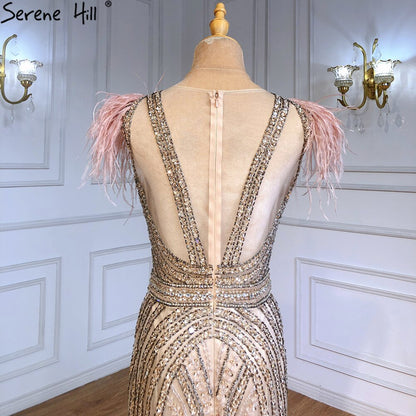 Serene Hill Luxury Mermaid Nude Evening Dresses Gowns 2025 Feather Beaded Elegant For Women Party LA71340 - SERENE HILL