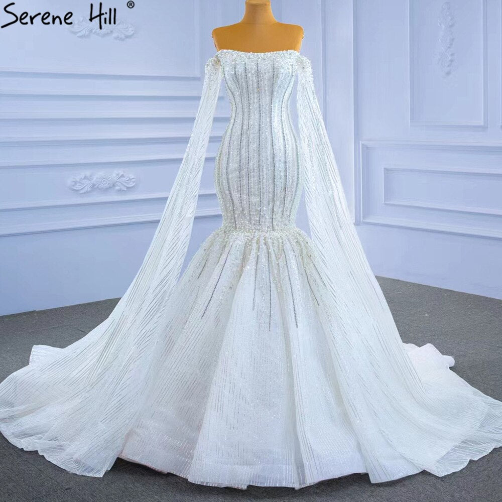 Serene Hill Luxury Mermaid White Wedding Dresses 2025 Cape Sleeves Beaded Pearls Bride Gowns HM67278 Custom Made - SERENE HILL