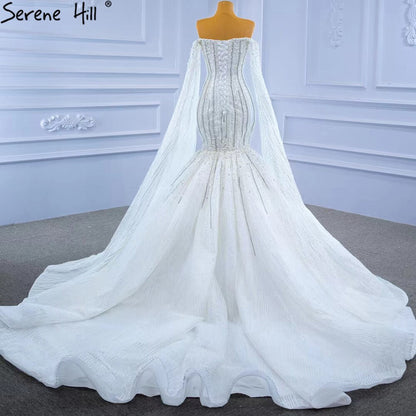 Serene Hill Luxury Mermaid White Wedding Dresses 2025 Cape Sleeves Beaded Pearls Bride Gowns HM67278 Custom Made - SERENE HILL