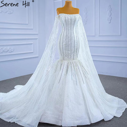 Serene Hill Luxury Mermaid White Wedding Dresses 2025 Cape Sleeves Beaded Pearls Bride Gowns HM67278 Custom Made - SERENE HILL